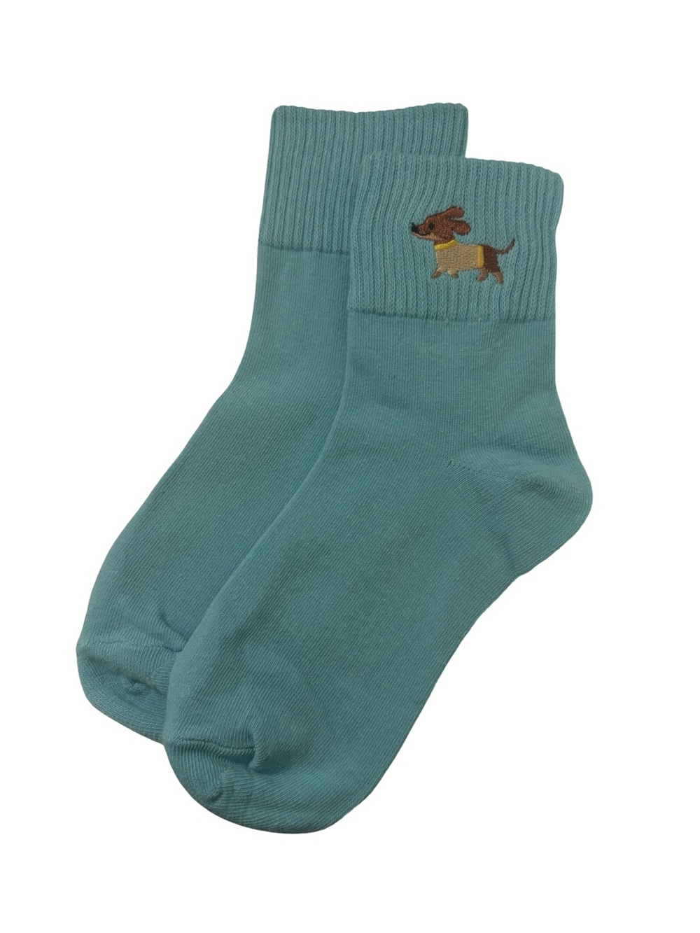 Dachshund Wiener Dog Embroidered Low Crew Socks Dusty Teal Blue Green One Size